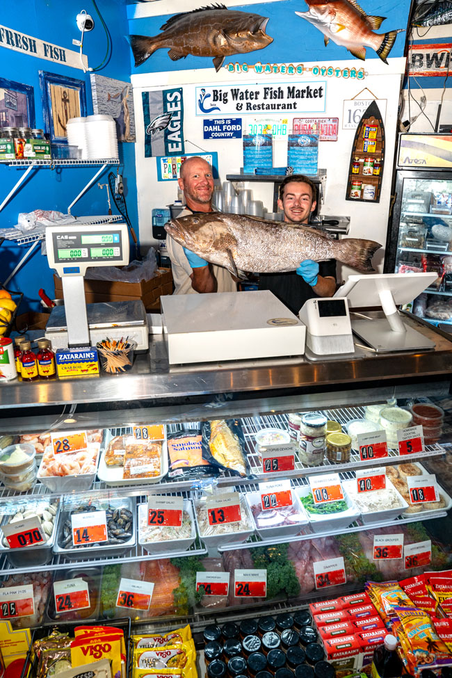 A whole grouper being weighed on the scale at the retail counter